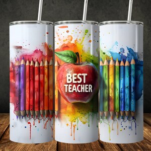 Teacher Tumbler Wrap: Watercolor Apple & Pencils (Digital Download PNG)