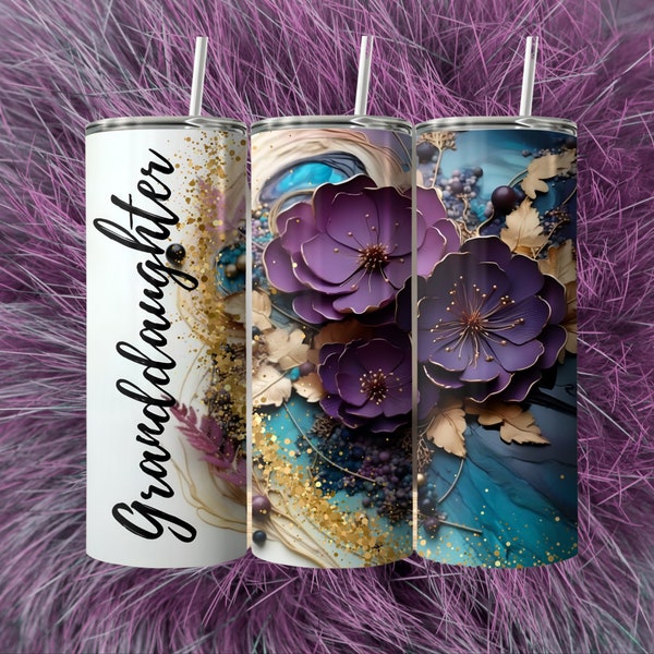 Granddaughter Tumbler Wrap Sublimation Digital Download PNG, 20 oz Skinny Straight Design,3D  Purple Flower DIY Gift For Granddaughter