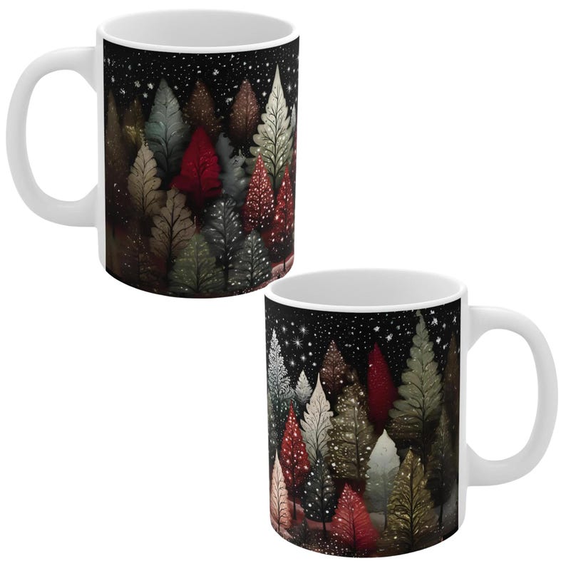 May include: White ceramic mug with a black background and a design of a snowy forest with colorful trees. The trees are in various shades of green, red, and brown.