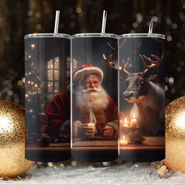 Santa Reindeer Tumbler Wrap Sublimation Digital Download PNG, 20 oz Skinny Straight Christmas Design, Instant Download