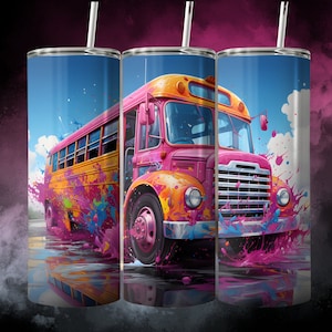 School Bus Tumbler Wrap Sublimation Digital Download 20 oz Skinny Straight Tumbler Design PNG, School Bus Driver Gift Splash Art Download