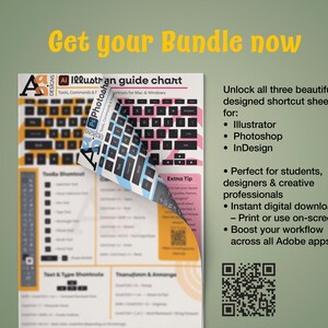 Può includere: Una guida colorata con scorciatoie da tastiera per Adobe Illustrator, Photoshop e InDesign. La guida è piegata per rivelare il testo "Get your Bundle now".