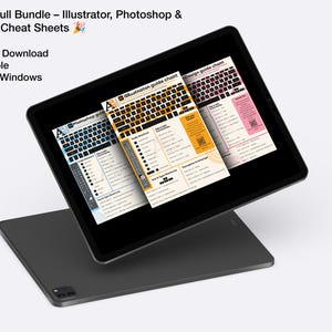以下が含まれることがあります： Adobe Illustrator、Photoshop、InDesign の 3 つのチートシートが表示されたタブレット。チートシートはカラフルで、キーボードショートカットとデザインのヒントが記載されています。タブレットのテキストには、「Illustrator guide chart」、「Photoshop guide chart」、「Design guide chart」と表示されています。