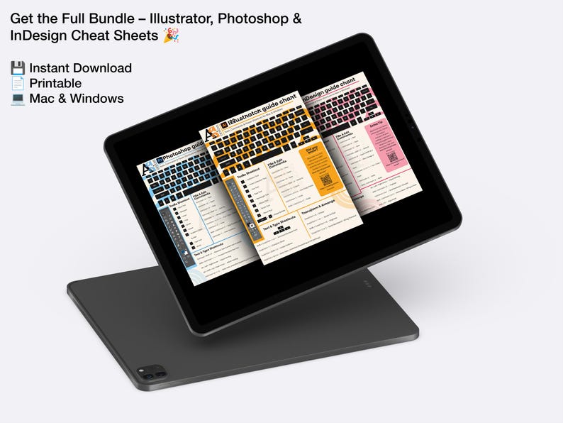 以下が含まれることがあります： Adobe Illustrator、Photoshop、InDesign の 3 つのチートシートが表示されたタブレット。チートシートはカラフルで、キーボードショートカットとデザインのヒントが記載されています。タブレットのテキストには、「Illustrator guide chart」、「Photoshop guide chart」、「Design guide chart」と表示されています。