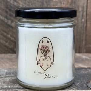 Ghost with wildflower bouquet. Cute Halloween candle. 9 ounce candle