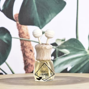 May include: A small, clear glass bottle with a wooden cap and two white diffuser sticks. The bottle has a black and white label that says "LOVE + DEATH".