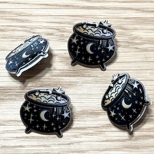 Celestial Cauldron UV Resin Pin – Witchy Moon & Stars Potion Pot Accessory for Magic Lovers, Witches, Spellcraft and Gothic Style