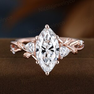 Anillo de compromiso de 2 ct con diamantes cultivados en laboratorio, corte marquesa, banda de ramita de oro rosa con diamantes vintage, anillo de hoja de diamantes, anillo de aniversario de media eternidad