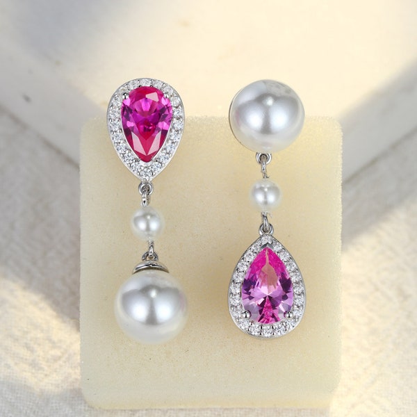 Three Stone Long Drops Pear shaped Pink Sapphire Stud Earrings Luxe Pearl earrings Tear drop Pink sapphire Pave Unique pearl Silver earrings