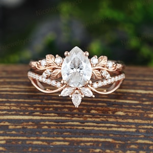 Pear moissanite Engagement Ring set Moissanite Cluster Propose ring 14k Rose gold Leaf Design Stacking Lab Diamond Curved Wedding Band Set
