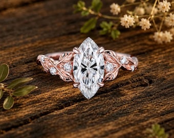 Rose gold Marquise lab grown Diamond engagement ring 2ct IGI Vintage lab grown diamond art deco leaf Ring anniversary wedding bridal ring