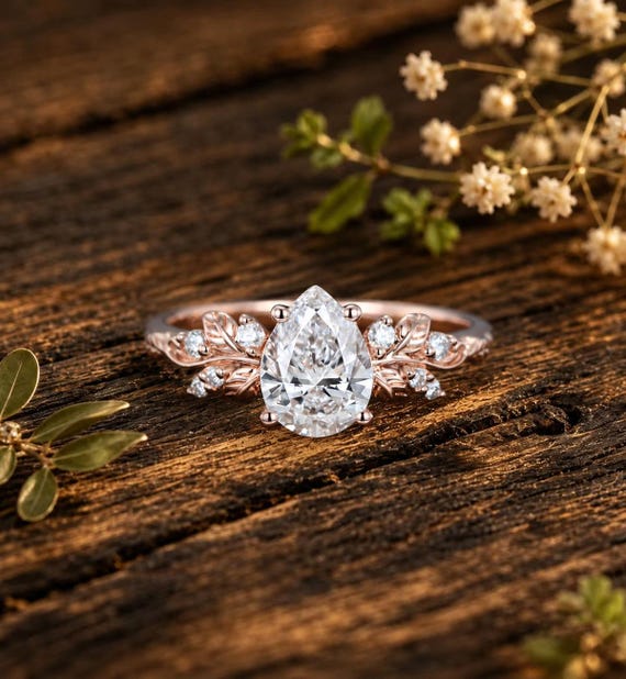 Vintage pear shaped lab grown Diamond engagement ring rose gold vine band moissanite leaf Ring half eternity women anniversary promise ring