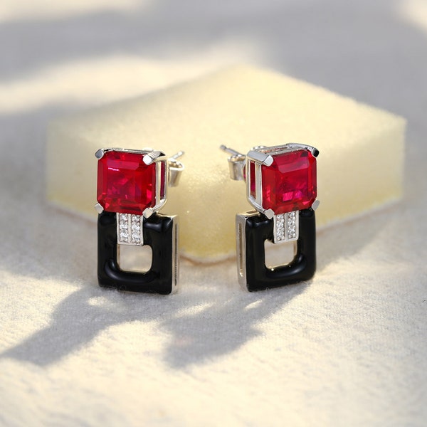 Octagon Ruby Earrings Hand Made Square Geometric Enameled Stud Silver earring Sparky Moissanite Charm Women Silver Wedding Earring Push Back