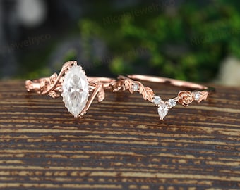Anillo de compromiso de moissanita talla marquesa, oro rosa, anillo de compromiso con racimo de moissanita, conjunto nupcial curvo con diamantes cultivados en laboratorio.