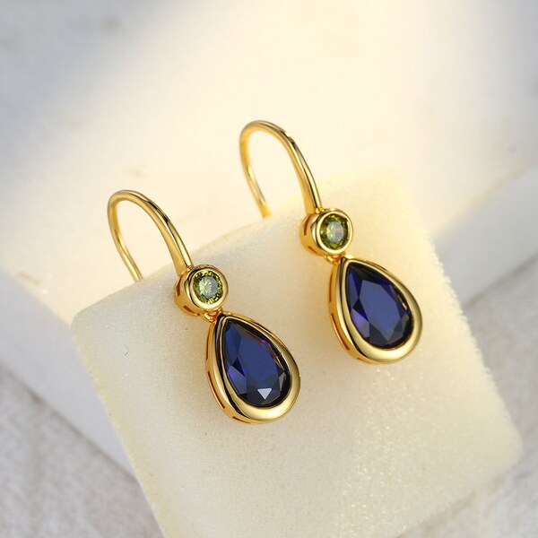 Pear cut Blue Sapphire Earrings Silver Drops Bezel yellow Gold Dangle Earrings Luxe Tear drop earrings Unique two stone earrings Fish Hook