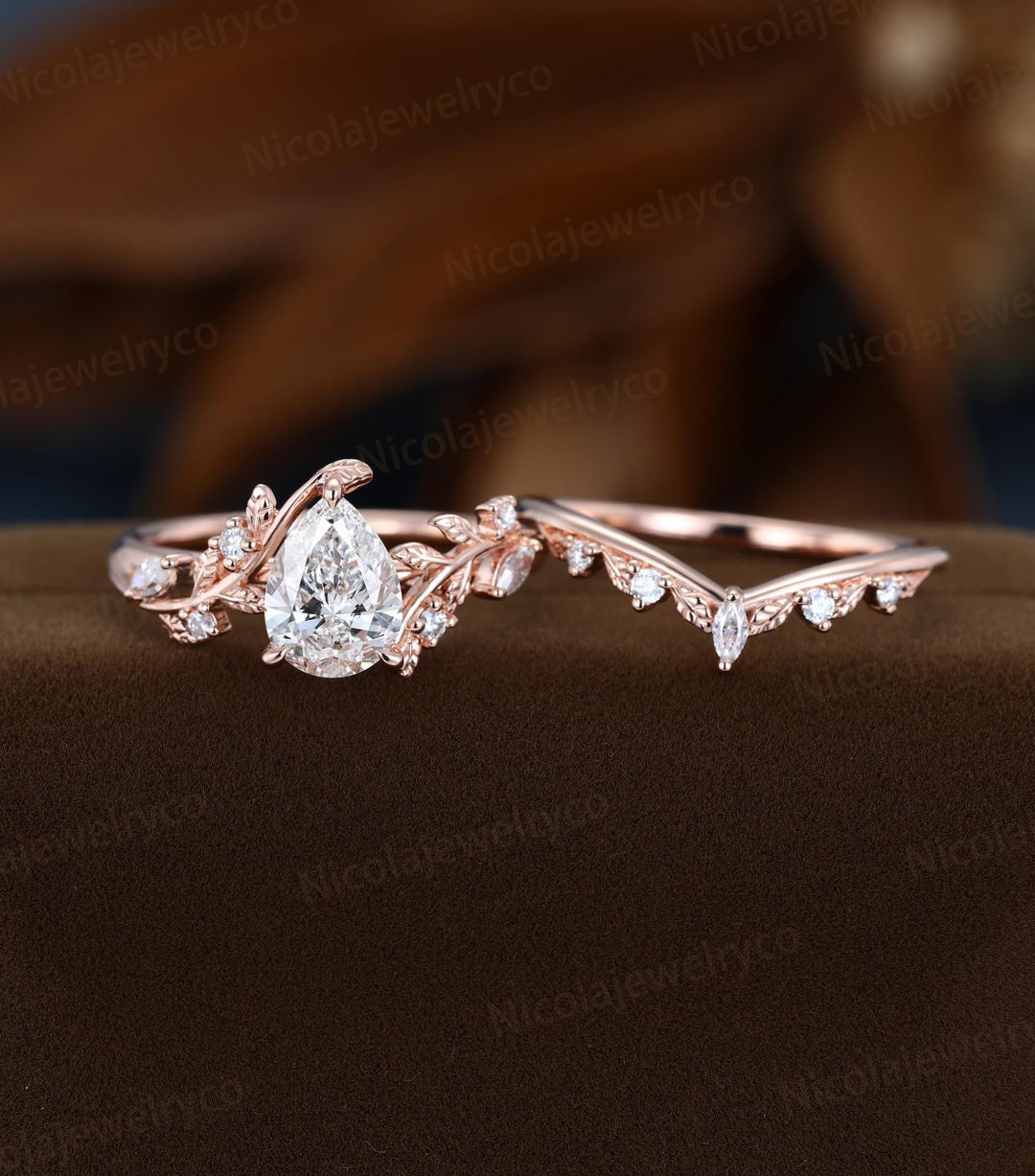 Pear Shaped Moissanite Engagement Ring Set Lab Grown Diamond Engagement ...