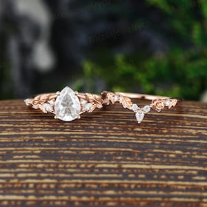 Pear Moissanite Engagement ring Rose Gold Moissanite Cluster Engagement Ring stacking Lab Diamond Curved Wedding Bridal set anniversary gift