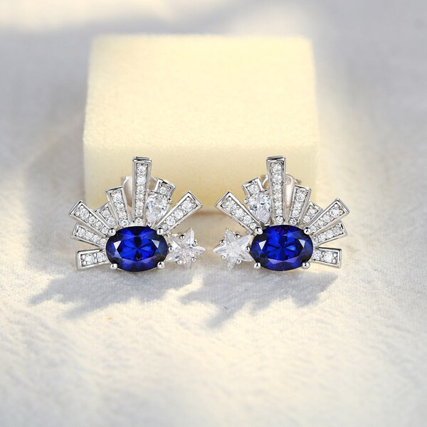 Antique Blue Sapphire Stud Vintage Blue Sapphire Earrings Oval cut earrings Silver 925 sunray earrings unique Strip earrings White Push Back