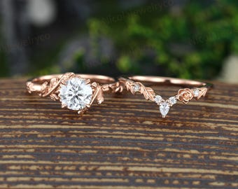 Anello di fidanzamento rotondo con moissanite in oro rosa 14 carati, anello di fidanzamento con moissanite a grappolo, anello impilabile con diamanti creati in laboratorio, foglia curva, set da sposa e matrimonio