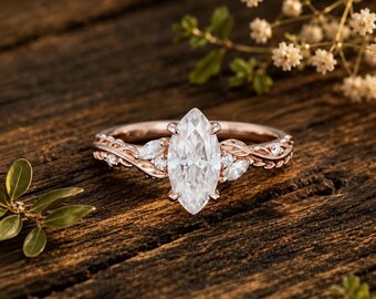 Vintage Marquise lab grown Diamond engagement ring rose gold Twist Marquise gold leaf Vine Ring half eternity women anniversary promise ring
