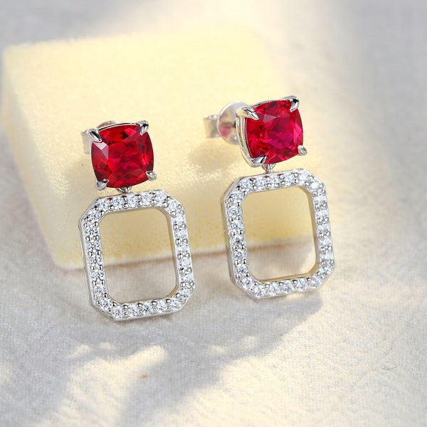 Octagon Ruby Earrings Hand Made Pave Square Geometric Stud Silver earring Sparky Moissanite Charm Women Silver Wedding Earring Push Back