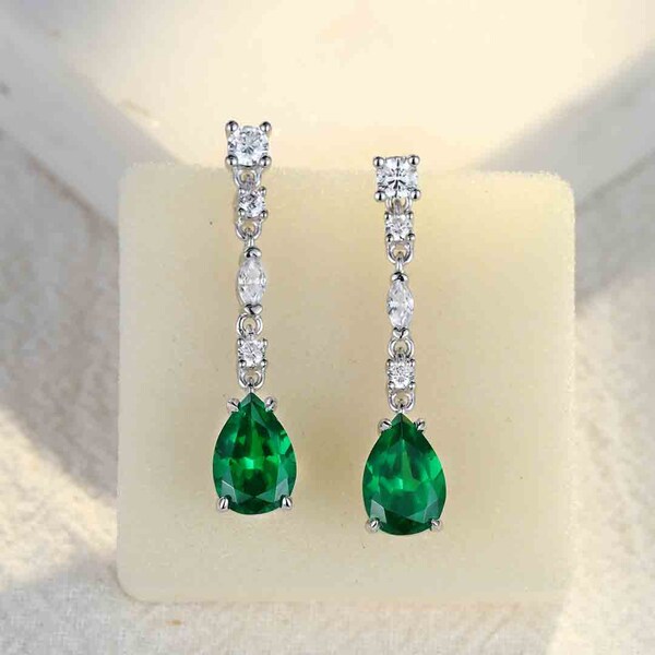 Long Pear Green Emerald Earrings Sterling Silver Long Drops Dangle Earrings Luxe Tear drop Solitaire Emerald earrings Unique Bridal earrings