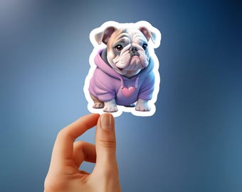 Cute Miniature American Bulldog Sticker - Adorable Pup in Heart Hoodie, Perfect for Laptops, Water Bottles, and More