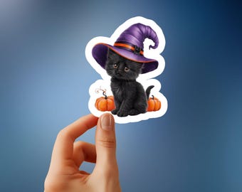 Sticker Halloween zwarte kat met heksenhoed - griezelig en schattig met pompoenen, perfect als halloweendecor