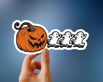Spooky Pumpkin Chasing 3 Ghosts Sticker - Creepy Halloween Decor for the Ultimate Fright Night Fun