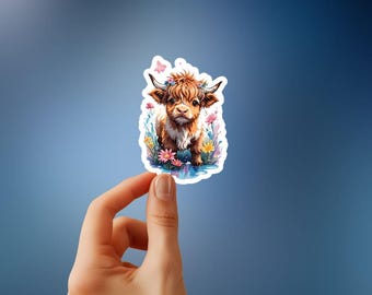 Adorable Baby Highland Cow with Flowers - Cute Farm Animal Sticker