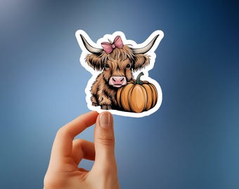 Adorable Fall Highland Cow with Pumpkin Sticker - Cute Autumn Decor, Perfect for Seasonal Cheer