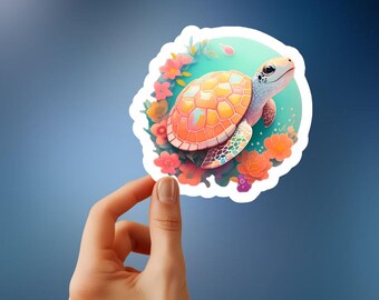 Cute Turtle Sticker with White & Orange Floral Pastel Colors - Adorable and Whimsical Design for Laptops, Journals, Water Bottles
