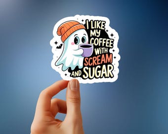 Coffee with Scream & Sugar – Sassy Halloween Ghost Sticker | Spooky Brew for Coffee Lovers