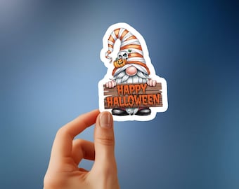 Cute Cottagecore Halloween Gnome Sticker – Adorable Gnome Holding 'Happy Halloween' Sign for Spooky Seasonal Charm!