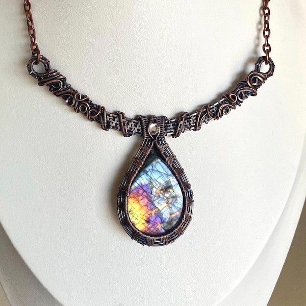 Spectrolite Antique Copper Necklace, Wire-Wrapped Choker Pendant Necklace