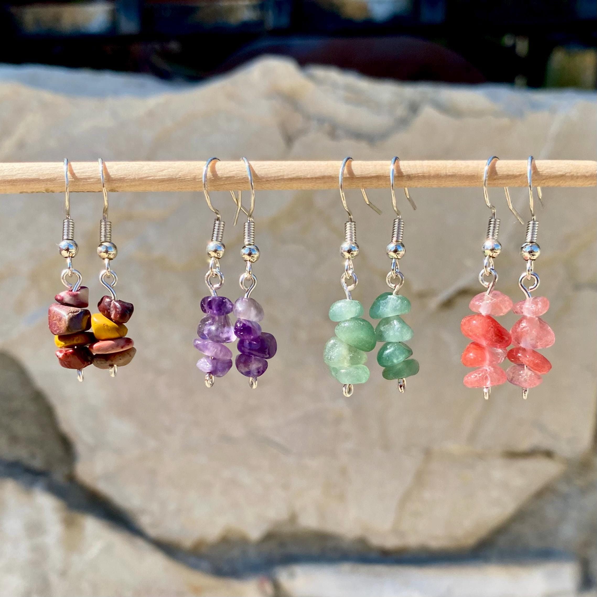 Gemstone Chip Earrings, Silver Dangle Earrings, Natural Gemstone