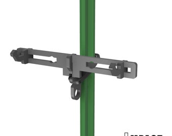 May include: A gray metal target holder with a sliding mechanism for adjusting the height. The holder is attached to a green metal pole. The holder has a small loop at the bottom for attaching a target.