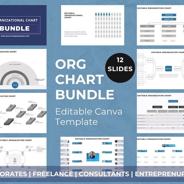 Temploot Blue, Grey Org Chart Template Bundle - 12 Editable Slides - Professional Organizational Structure - Corporate & Business Use
