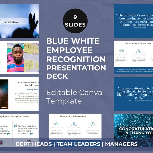 Temploot 9-Slide Employee Recognition Deck | Blue & White Canva-Editable Award Presentation Template