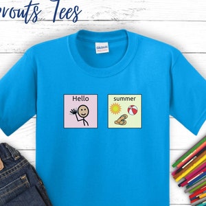 May include: A turquoise blue t-shirt with a graphic design featuring a stick figure waving and the word "Hello" in a pink box and a sun, beach ball, and flip flops in a yellow box with the word "summer".