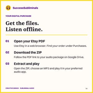 How to download: open the Etsy access PDF in your browser, follow the Google Drive link, download and extract the ZIP, then play the MP3 files offline.