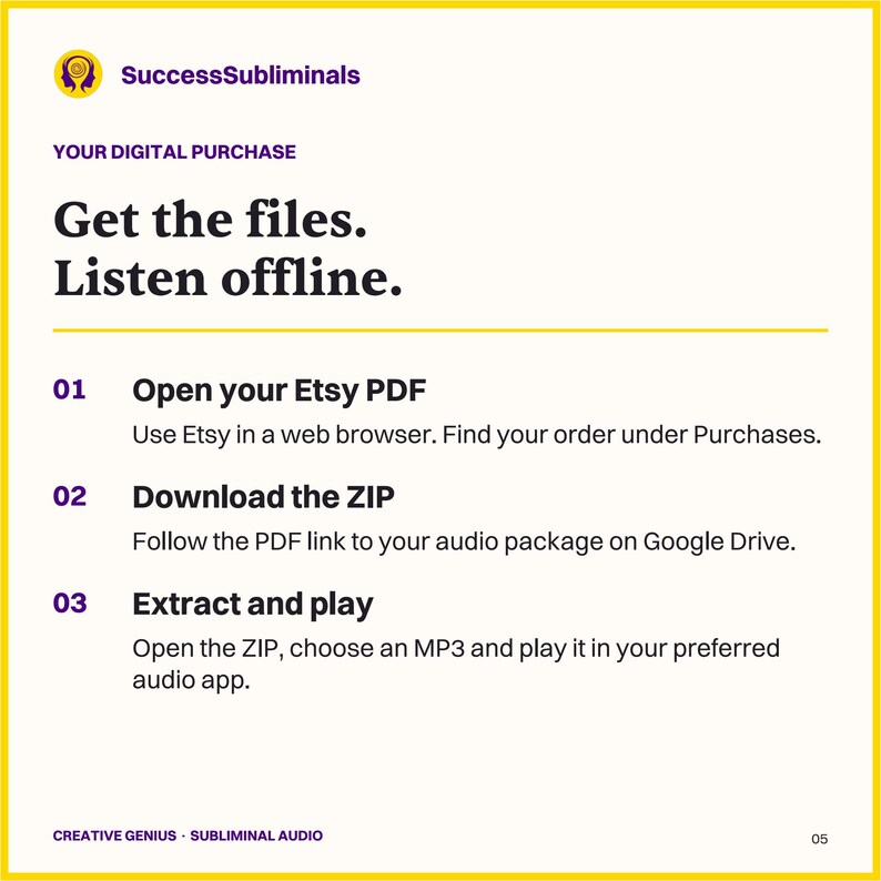 How to download: open the Etsy access PDF in your browser, follow the Google Drive link, download and extract the ZIP, then play the MP3 files offline.