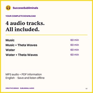 Creative Genius audio download: Music 60 min, Music + Theta Waves 60 min, Water 60 min, Water + Theta Waves 60 min. English MP3 files and PDF information.