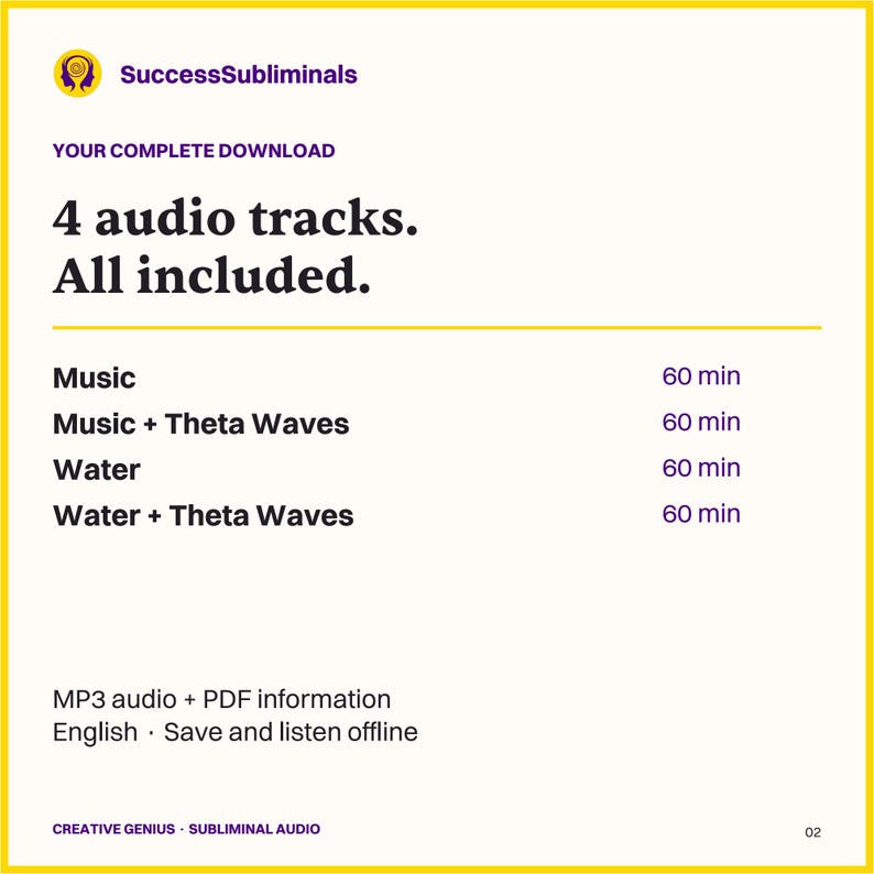 Creative Genius audio download: Music 60 min, Music + Theta Waves 60 min, Water 60 min, Water + Theta Waves 60 min. English MP3 files and PDF information.