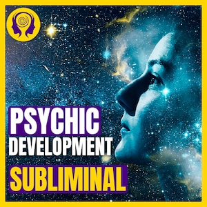 Puede incluir: Un gráfico azul y morado con el texto "PSYCHIC DEVELOPMENT SUBLIMINAL" sobre un fondo de rostro de mujer y cielo estrellado.