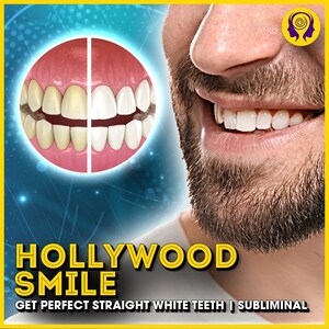 Puede incluir: Imagen de antes y después que muestra la sonrisa de una persona. El lado izquierdo muestra dientes amarillos, el lado derecho muestra dientes blancos y rectos. El texto dice "HOLLYWOOD SMILE GET PERFECT STRAIGHT WHITE TEETH | SUBLIMINAL"
