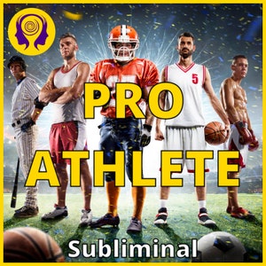 Może przedstawiać: Motivacyjny plakat z tekstem "PRO ATHLETE" w dużych żółtych literach. Plakat przedstawia czterech sportowców w różnych dyscyplinach, w tym baseball, futbol amerykański, koszykówkę i boks. Tło to rozmyte zdjęcie boiska sportowego z konfetti.