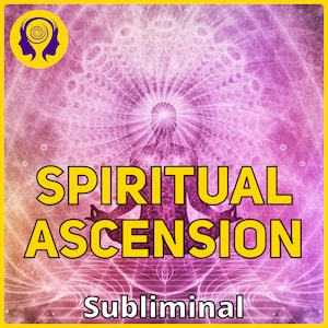Puede incluir: Un fondo abstracto morado y rosa con una silueta de una persona meditando. El texto "SPIRITUAL ASCENSION Subliminal" está en letras amarillas.