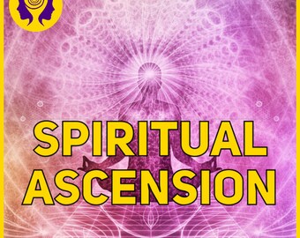 May include: A purple and pink abstract background with a silhouette of a person meditating. The text "SPIRITUAL ASCENSION Subliminal" is in yellow letters.