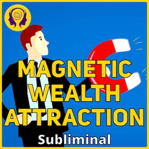 Puede incluir: Un hombre con un traje negro sostiene un imán de herradura rojo y blanco con las palabras "MAGNETIC WEALTH ATTRACTION Subliminal" en letras amarillas.